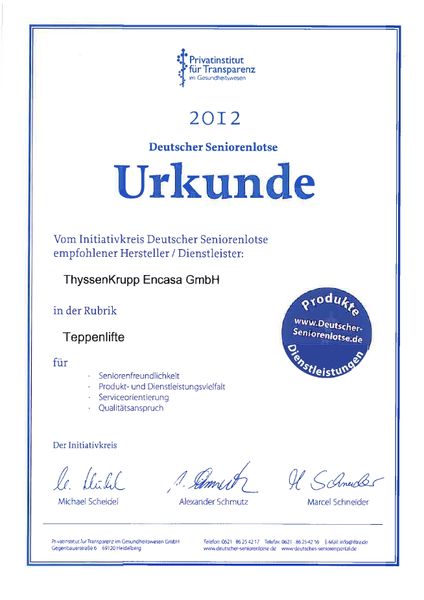 Urkunde Deutscher Seniorenlotse 2012: empfohlener Hersteller